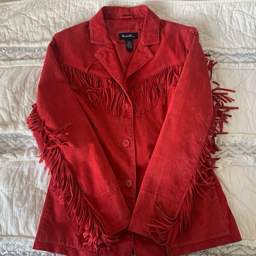 Denim&Co Red Suede Fringe Jacket